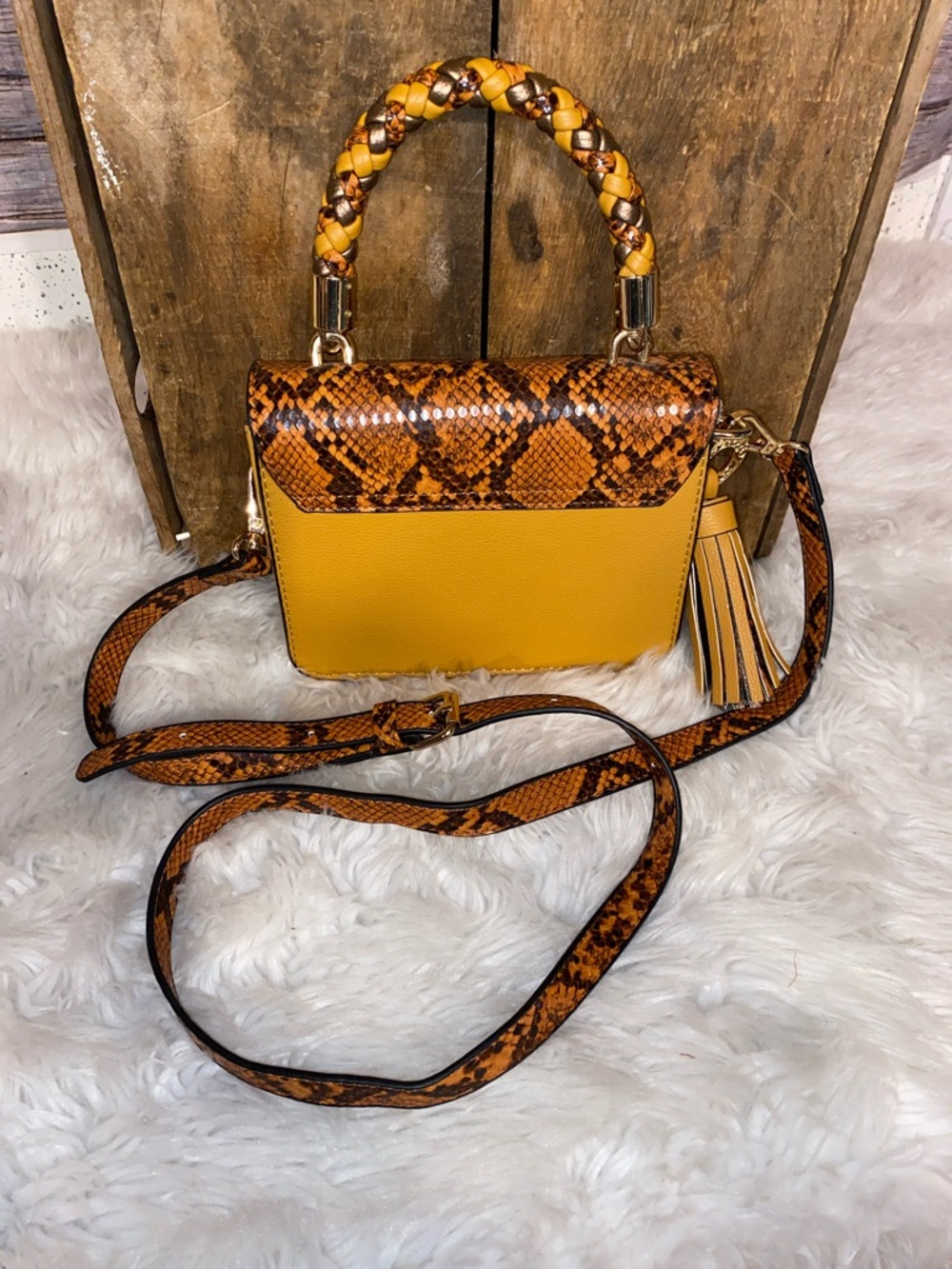 Mustard Snake-Print Top-Handle Crossbody Bag - Picture 3 of 7